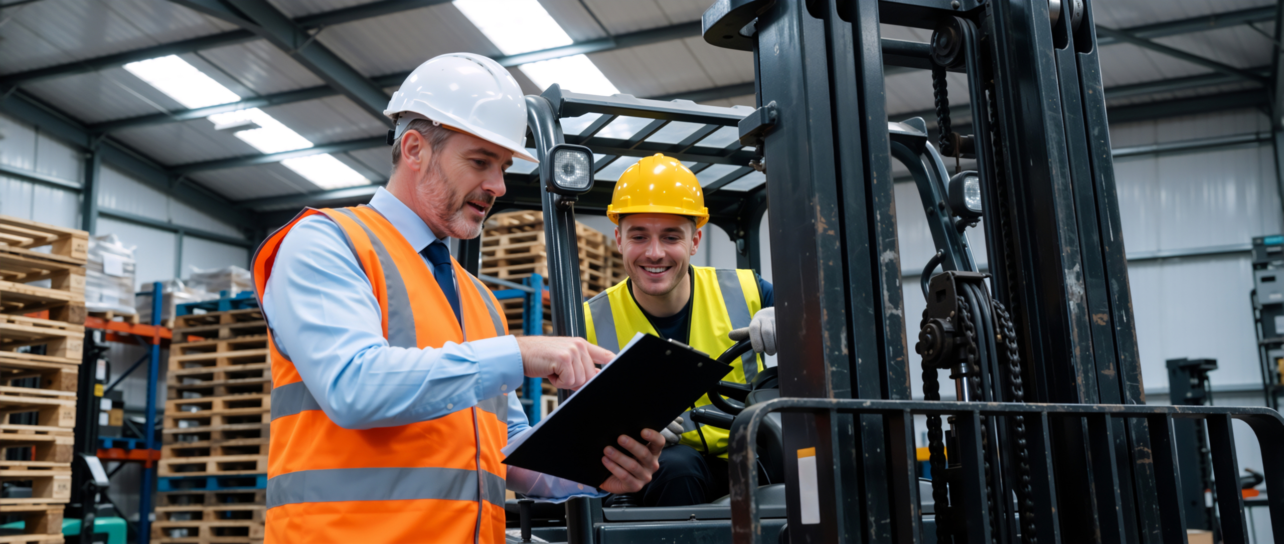 Warehouse manager discussing inventory with a forklift driver. Industrial workers wearing safety gear in a distribution center. Logistics concept